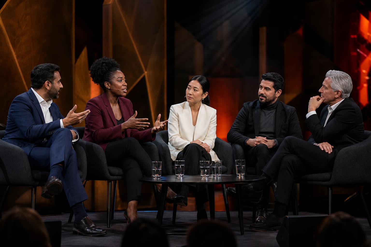 Diverse senior leaders in deep discussion on a conference stage